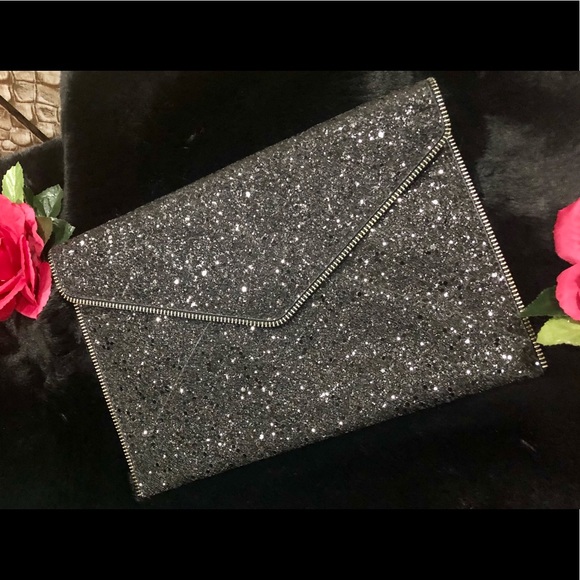 NWT! Rebecca Minkoff  Black Sparkly Envelope Clutch with Gunmetal Hardware - Picture 6 of 16